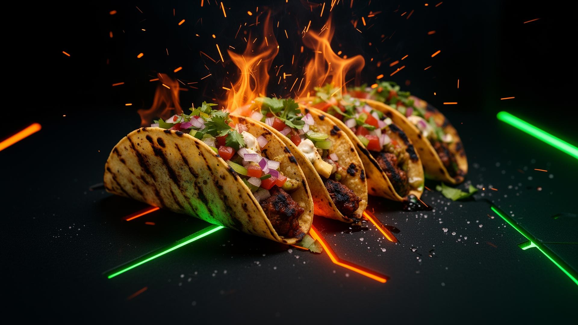Cinematic shot of fire-charred tacos